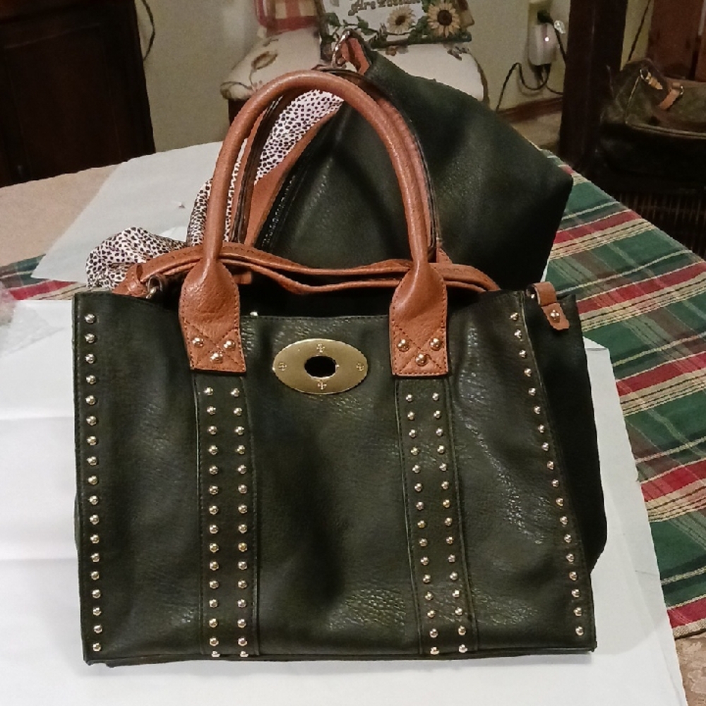 Elissa Studded Black and Brown Handbag With Pouch Cross Body